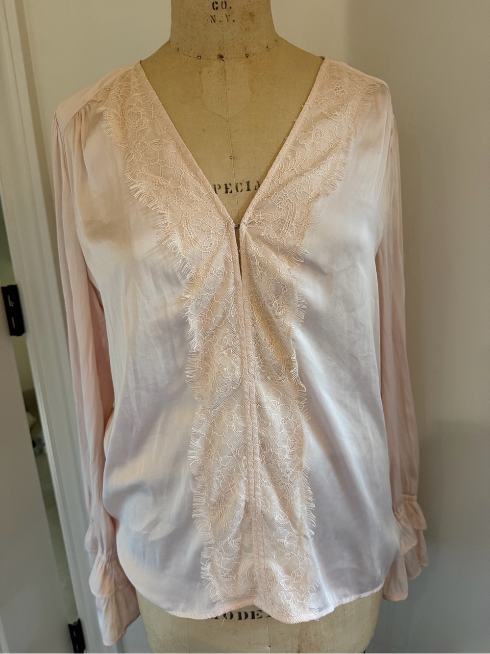 PAIGE Soft Blush Lace-Trim V-Neck Blouse